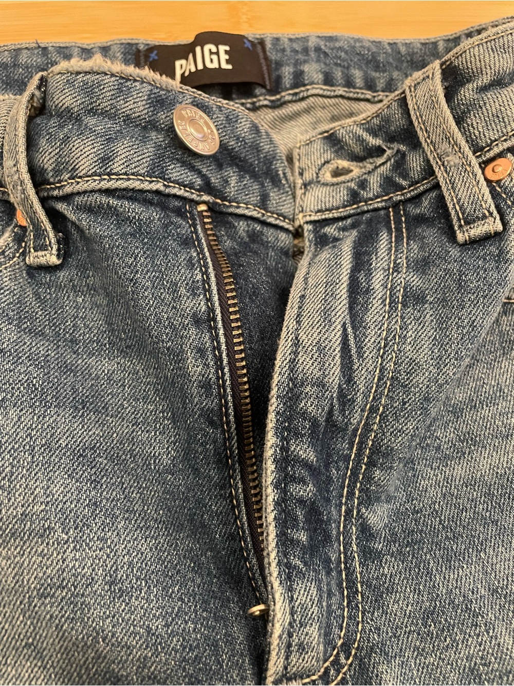 PAIGE High-Rise Flare Jeans in Medium Blue with Distressed Knees - Picture 7 of 7